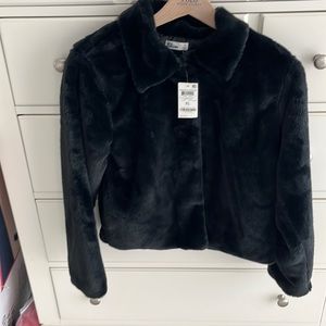 Deep black fur jacket - full button up from top to bottom